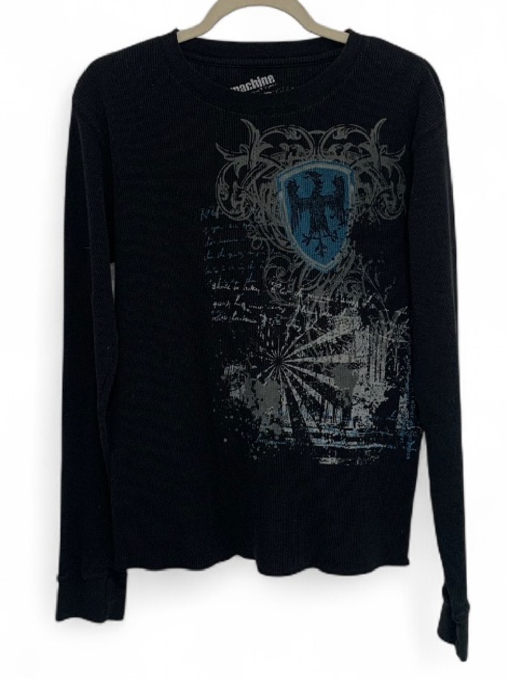 Machine Black Long-Sleeve Thermal Tee with Blue Shield Graphic